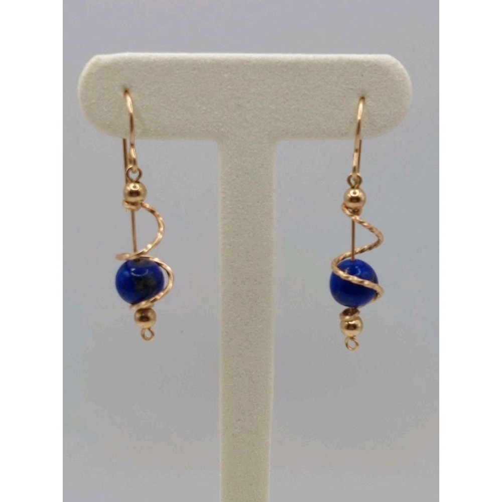 Tested 14K Gold Lapis Lazuli Dangle Earrings Artisan Spiral Wire Vintage Y2K 90s